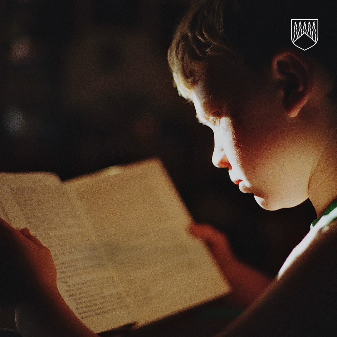 Poika lukee kirjaa.
