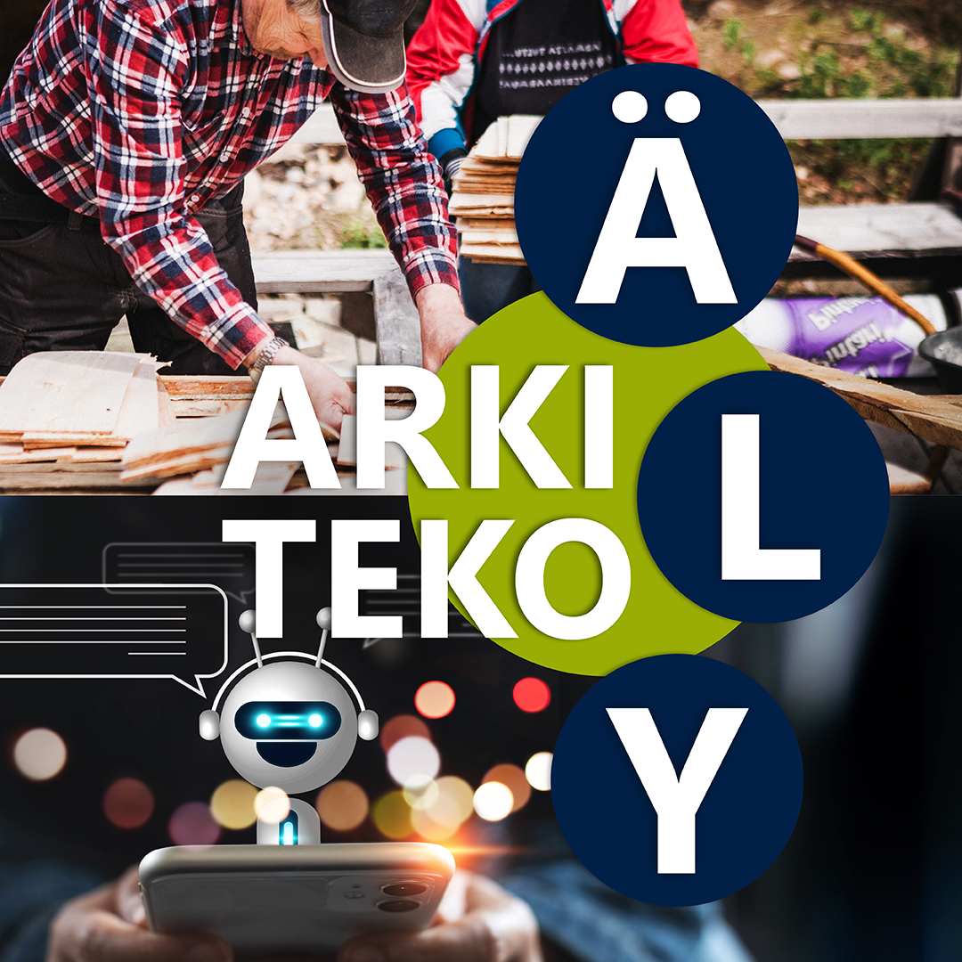 Kuvassa yläosassa paikallinen mies tekemässä puutöitä, alemmassa kuvassa tekoäly botti antamassa vastauksia puhelinta käyttävälle henkilölle.a