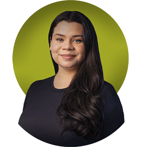 Illustratiivinen muotokuva henkilöstä, jolla on pitkät, tummat, aaltoilevat hiukset ja yllään yksivärinen, tumma paita. Taustalla on pyöreä, kirkkaan vihreä ympyrä, joka luo kontrastia tummiin sävyihin. Tuotettu teköälyllä.