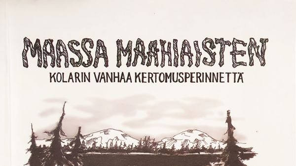 Vanhan kirjan kansi, jossa kuusia ja tuntureita