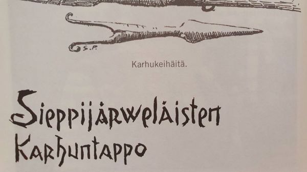 Piirrettyjä karhukeihäitä vanhan kirjan sivulla
