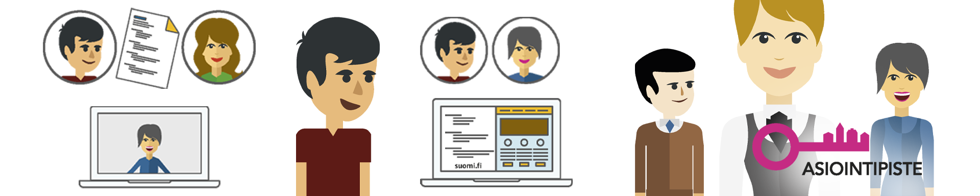 Graafinen kuvitus, jossa näkyy useita piirroshahmoja, tietokoneen näyttöjä ja erilaisia asiointiin liittyviä elementtejä. Oikealla on suuri avaimen muotoinen Asiointipiste-logo, jonka avaimen pää muodostuu kaupunkisiluetista ja tekstistä 'ASIOINTIPISTE'.