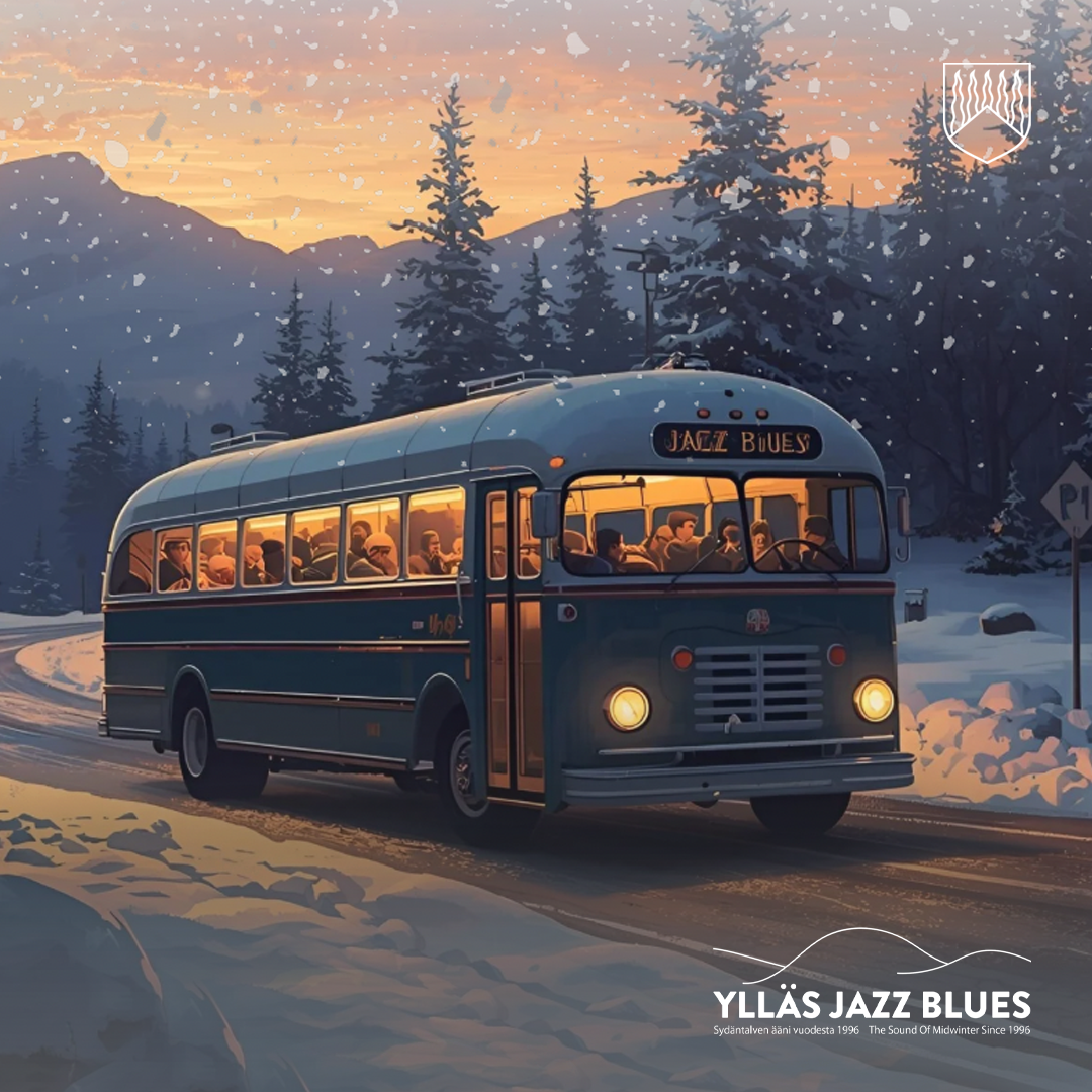 Talvinen maisema, jossa vanhanaikainen vihreä linja-auto ajaa lumisella tiellä. Bussin kyljessä lukee "JAZZ BLUES", ja sen sisällä näkyy valaistuja matkustajia. Taustalla on lumisia puita ja hämärässä valaistuja mökkejä, sekä vuoristoinen maisema. Kuvassa on teksti: "YLLÄS JAZZ BLUES – Sydäntalven ääni vuodesta 1996 – The Sound of Midwinter Since 1996".