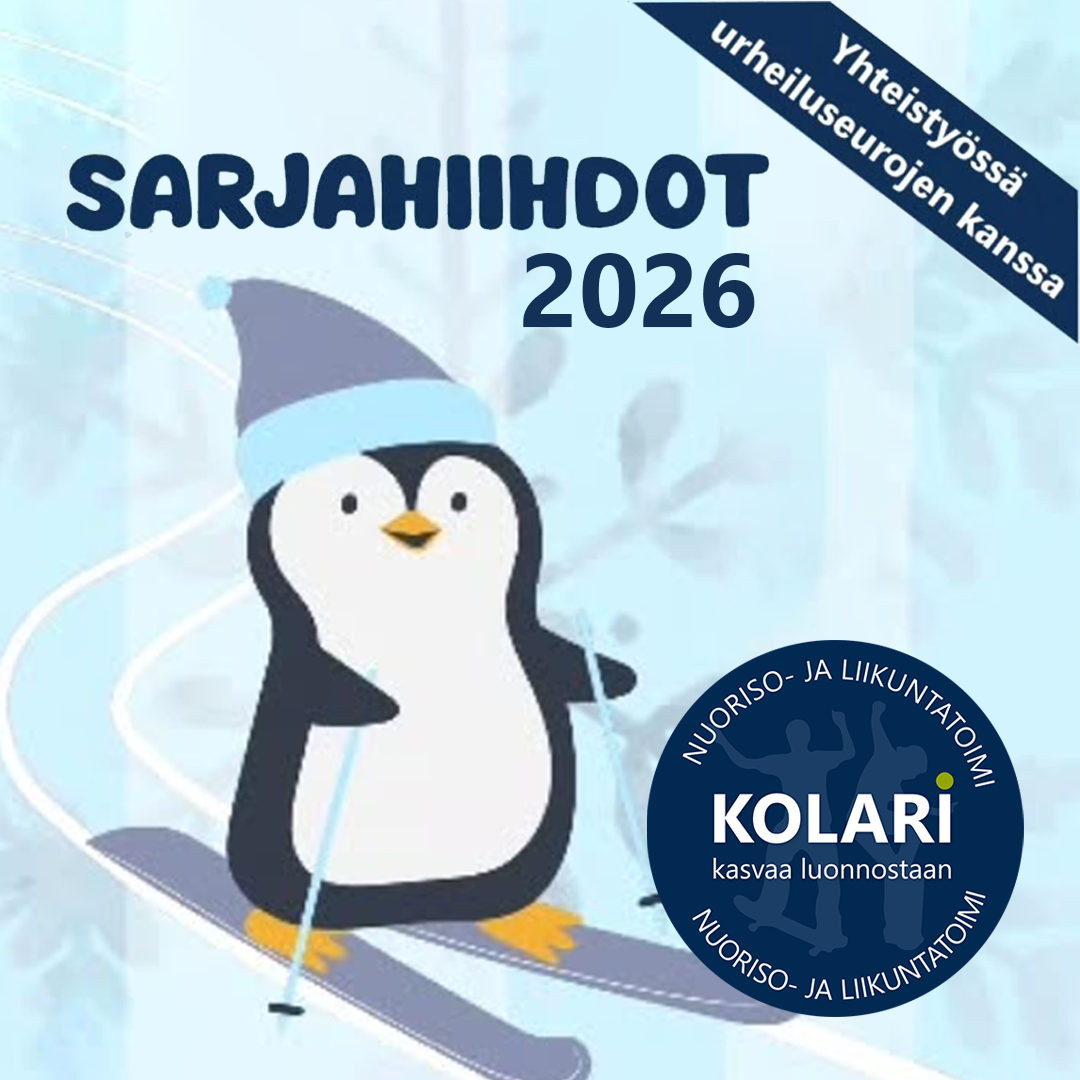 Vaaleansinisellä taustalla on piirroskuva hiihtävästä pingviinistä, jolla on sininen pipo ja siniset hiihtosauvat. Yläosassa lukee “Sarjahiihdot 2026”. Oikeassa yläkulmassa on tummansininen vinoneliö, jossa teksti “Yhteistyössä urheiluseurojen kanssa”. Alareunassa oikealla on Kolari‑kuntaan viittaava sininen pyöreä logo, jossa lukee “Nuoriso‑ ja liikuntatoimi – Kolari kasvaa luonnostaan”.