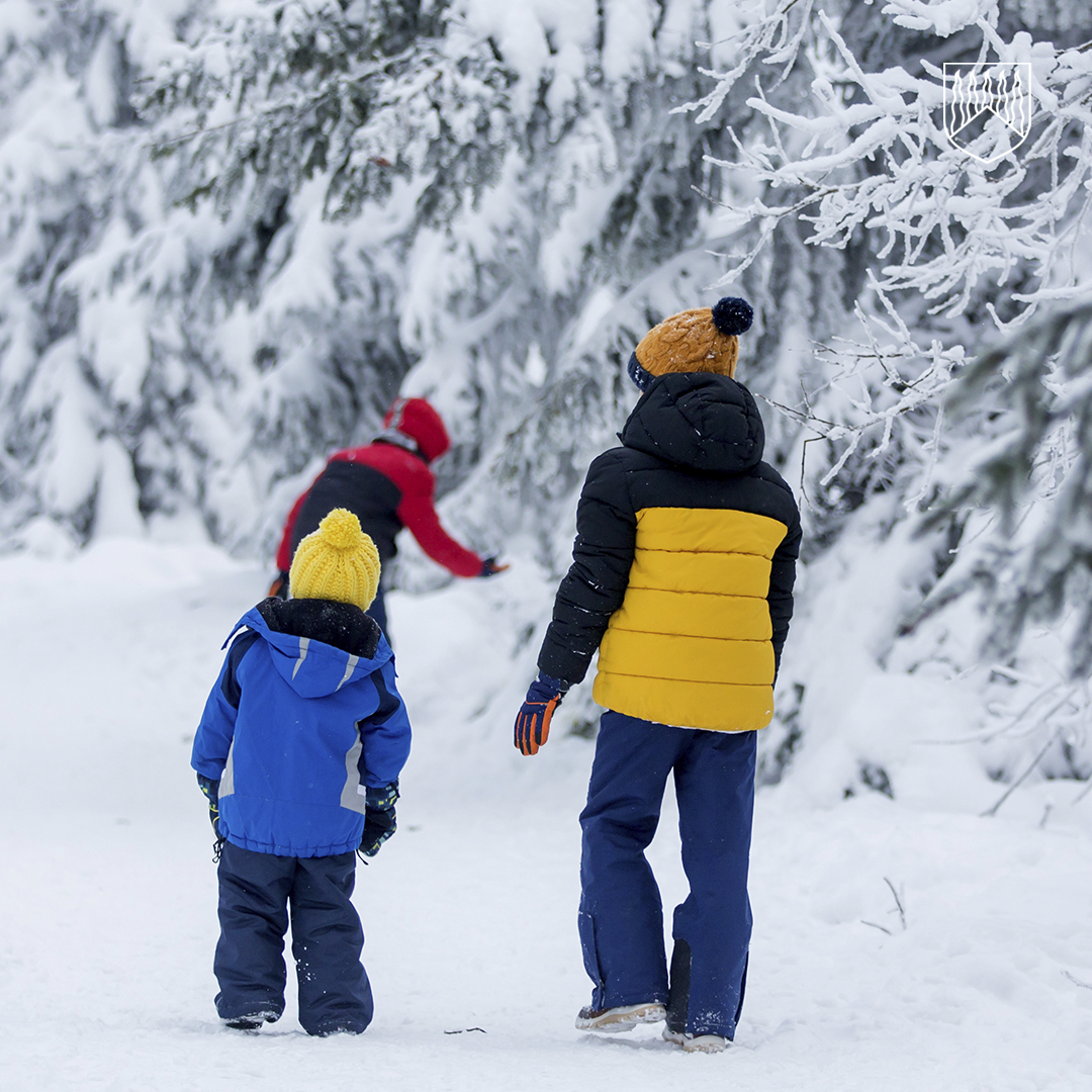 Kaksi lasta ja yksi aikuinen kulkevat lumisella metsäpolulla talvisessa maisemassa. Lumiset kuuset reunustavat polkua, ja etummaisena kulkeva henkilö koskettaa kevyesti puiden oksia. Kaikilla on värikkäät ja lämpimät talvivaatteet.